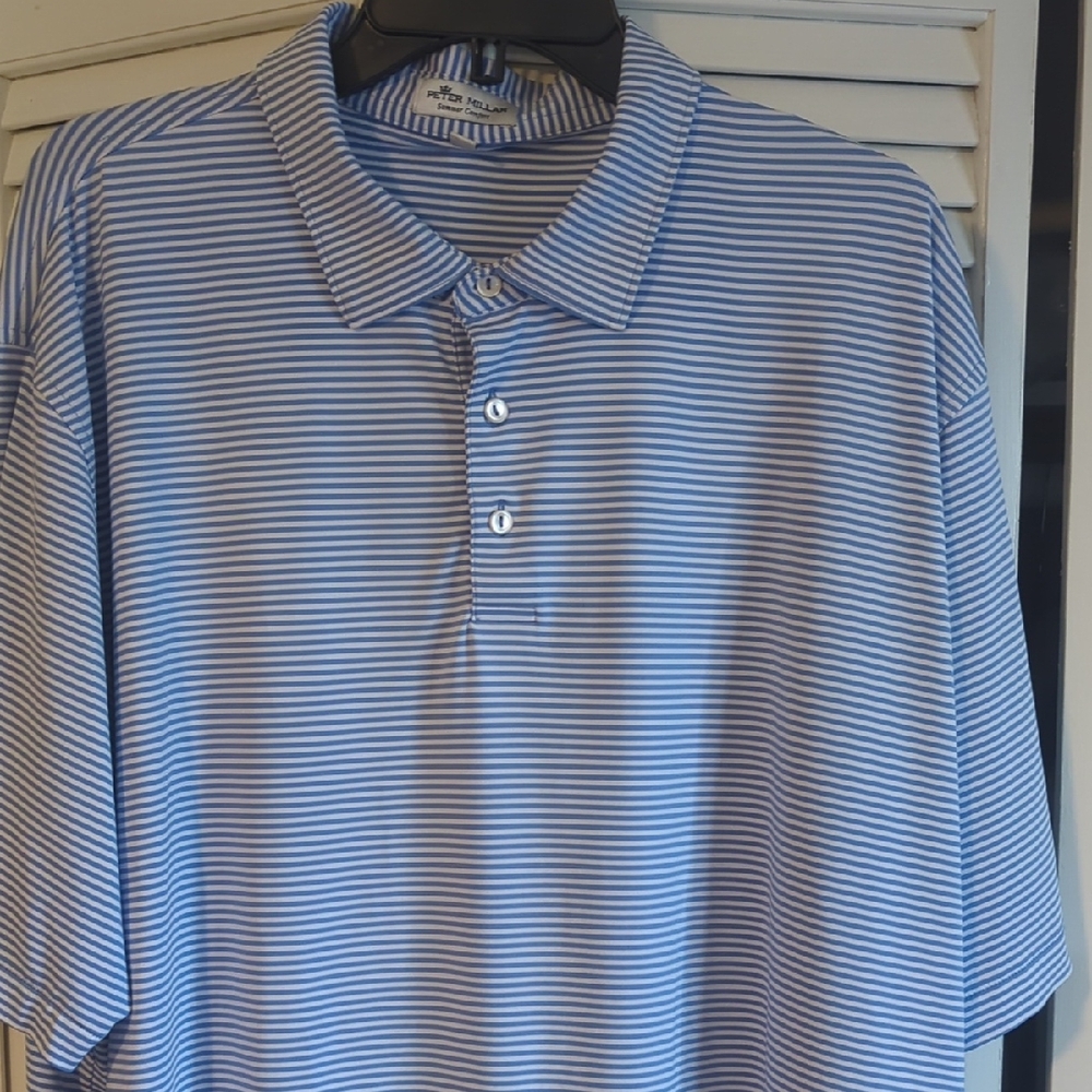 Peter Millar Men's Blue and White Striped Polo Shirt XXL